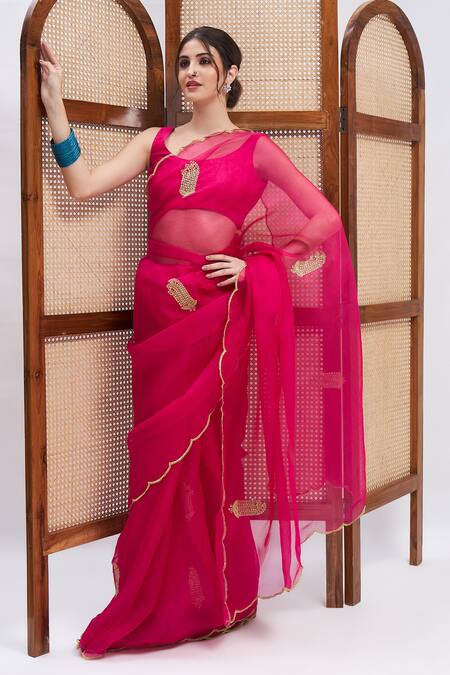 Roohbyridhimaa_Fuchsia Silk Organza Gulaabo Border Saree With Unstitched Blouse Piece _at_Aza_Fashions
