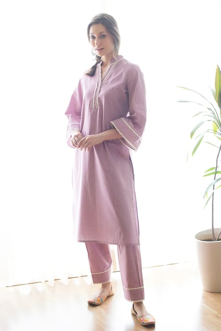Shop Roohbyridhimaa Purple Cotton Lace Mandarin Collar Hayat Stripe Print Kurta And Pant Set at Aza Fashions Shop_Roohbyridhimaa_Purple Cotton Lace Mandarin Collar Hayat Stripe Print Kurta And Pant Set _at_Aza_Fashions