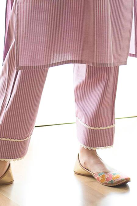 Shop Roohbyridhimaa Purple Cotton Lace Mandarin Collar Hayat Stripe Print Kurta And Pant Set Online at Aza Fashions Shop_Roohbyridhimaa_Purple Cotton Lace Mandarin Collar Hayat Stripe Print Kurta And Pant Set _Online_at_Aza_Fashions