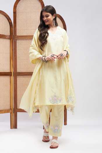 Buy Roohbyridhimaa Yellow Organza, Cotton, Silk Embroidery V-neck Humdam Floral Kurta Set at Aza Fashions Buy_Roohbyridhimaa_Yellow Organza, Cotton, Silk Embroidery V-neck Humdam Floral Kurta Set _at_Aza_Fashions