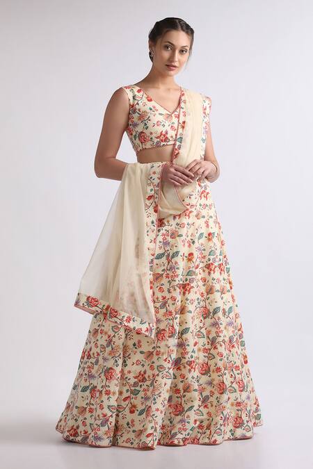 Buy Roohbyridhimaa Beige Silk, Organza, Cotton Embroidery V-neck Inaayat Floral Print Lehenga Set Online at Aza Fashions Buy_Roohbyridhimaa_Beige Silk, Organza, Cotton Embroidery V-neck Inaayat Floral Print Lehenga Set _Online_at_Aza_Fashions
