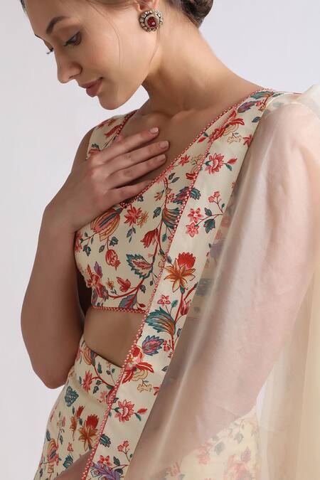 Shop Roohbyridhimaa Beige Silk, Organza, Cotton Embroidery V-neck Inaayat Floral Print Lehenga Set Online at Aza Fashions Shop_Roohbyridhimaa_Beige Silk, Organza, Cotton Embroidery V-neck Inaayat Floral Print Lehenga Set _Online_at_Aza_Fashions