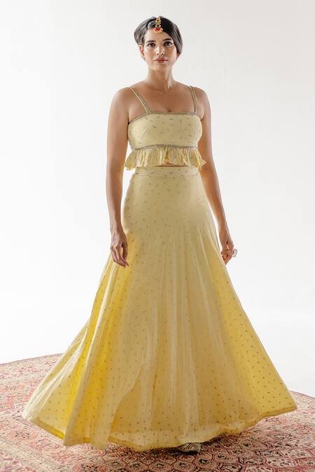 Roohbyridhimaa Yellow Silk Organza, Cotton Sequins, Embroidery Square Iraani Work Lehenga Set Online at Aza Fashions Roohbyridhimaa_Yellow Silk Organza, Cotton Sequins, Embroidery Square Iraani Work Lehenga Set _Online_at_Aza_Fashions