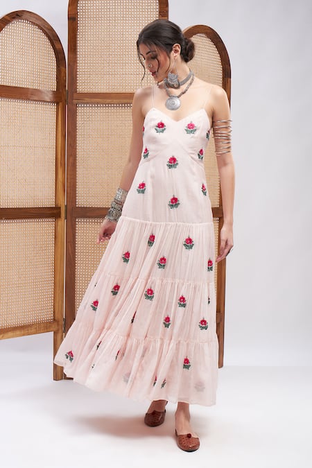 Roohbyridhimaa Pink Silk, Cotton Embroidery Sweetheart Neck Ishaara Resham Work Dress 