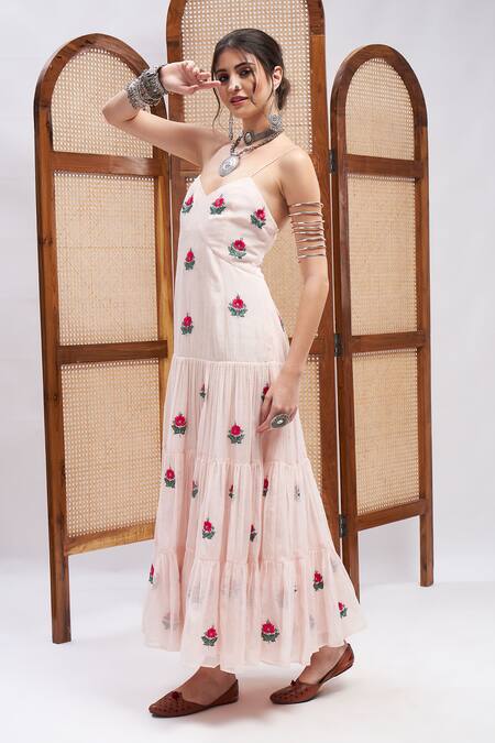Roohbyridhimaa Pink Silk, Cotton Embroidery Sweetheart Neck Ishaara Resham Work Dress Online at Aza Fashions Roohbyridhimaa_Pink Silk, Cotton Embroidery Sweetheart Neck Ishaara Resham Work Dress _Online_at_Aza_Fashions