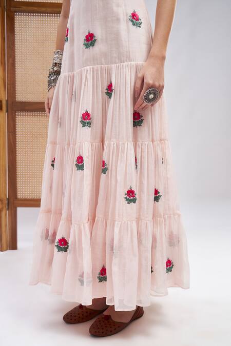 Shop Roohbyridhimaa Pink Silk, Cotton Embroidery Sweetheart Neck Ishaara Resham Work Dress Online at Aza Fashions Shop_Roohbyridhimaa_Pink Silk, Cotton Embroidery Sweetheart Neck Ishaara Resham Work Dress _Online_at_Aza_Fashions