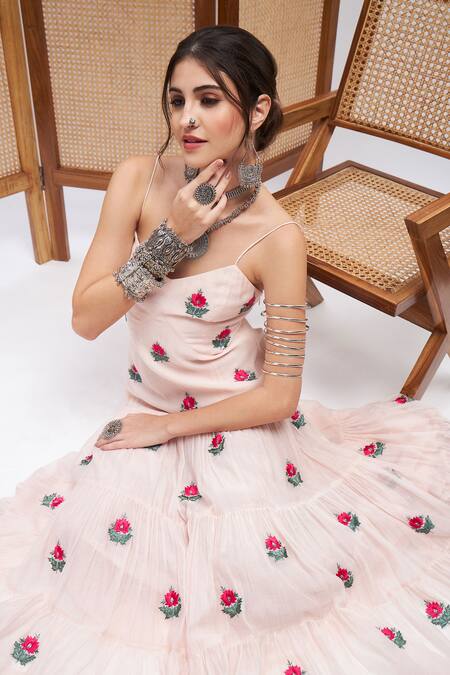 Roohbyridhimaa Pink Silk, Cotton Embroidery Sweetheart Neck Ishaara Resham Work Dress at Aza Fashions Roohbyridhimaa_Pink Silk, Cotton Embroidery Sweetheart Neck Ishaara Resham Work Dress _at_Aza_Fashions