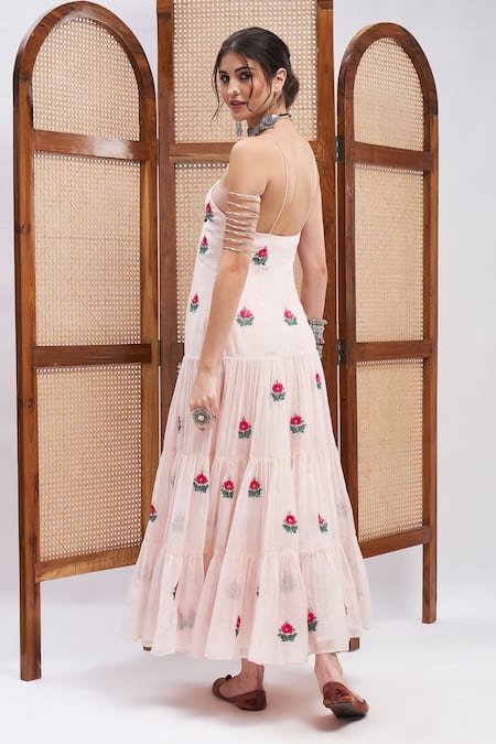 Shop Roohbyridhimaa Pink Silk, Cotton Embroidery Sweetheart Neck Ishaara Resham Work Dress at Aza Fashions Shop_Roohbyridhimaa_Pink Silk, Cotton Embroidery Sweetheart Neck Ishaara Resham Work Dress _at_Aza_Fashions