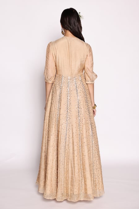 Shop Abstract By Megha Jain Madaan Beige Tissue, Cotton Piping, Beads Round Front Drape Embellished Panelled Dress at Aza Fashions Shop_Abstract By Megha Jain Madaan_Beige Tissue, Cotton Piping, Beads Round Front Drape Embellished Panelled Dress _at_Aza_Fashions