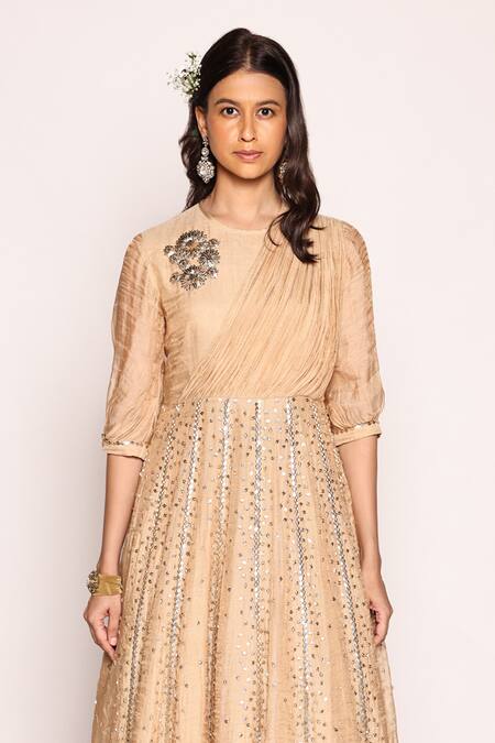 Buy Abstract By Megha Jain Madaan Beige Tissue, Cotton Piping, Beads Round Front Drape Embellished Panelled Dress Online at Aza Fashions Buy_Abstract By Megha Jain Madaan_Beige Tissue, Cotton Piping, Beads Round Front Drape Embellished Panelled Dress _Online_at_Aza_Fashions