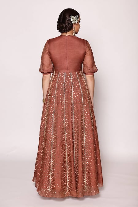 Shop Abstract By Megha Jain Madaan Brown Tissue, Cotton Beads Round Neck 3d Fleur Embellished Panelled Maxi Dress at Aza Fashions Shop_Abstract By Megha Jain Madaan_Brown Tissue, Cotton Beads Round Neck 3d Fleur Embellished Panelled Maxi Dress _at_Aza_Fashions