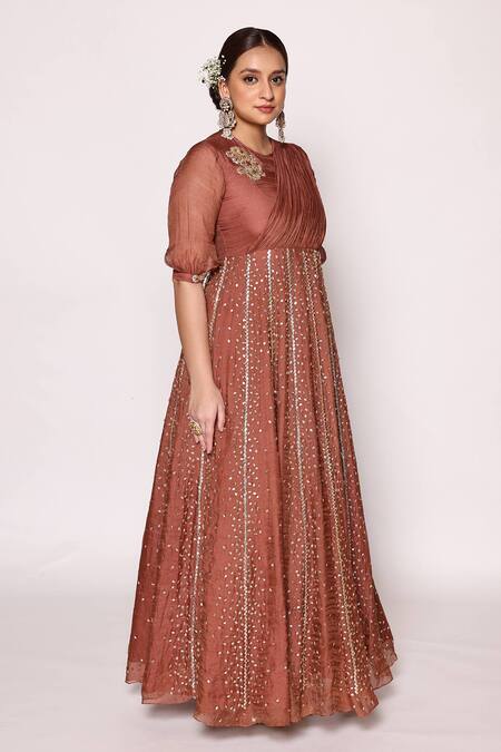 Abstract By Megha Jain Madaan Brown Tissue, Cotton Beads Round Neck 3d Fleur Embellished Panelled Maxi Dress Online at Aza Fashions Abstract By Megha Jain Madaan_Brown Tissue, Cotton Beads Round Neck 3d Fleur Embellished Panelled Maxi Dress _Online_at_Aza_Fashions