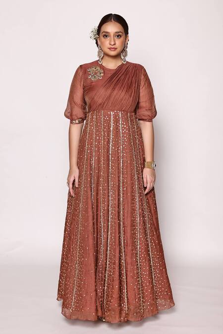 Buy Abstract By Megha Jain Madaan Brown Tissue, Cotton Beads Round Neck 3d Fleur Embellished Panelled Maxi Dress Online at Aza Fashions Buy_Abstract By Megha Jain Madaan_Brown Tissue, Cotton Beads Round Neck 3d Fleur Embellished Panelled Maxi Dress _Online_at_Aza_Fashions