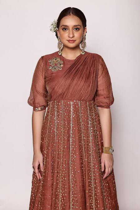 Shop Abstract By Megha Jain Madaan Brown Tissue, Cotton Beads Round Neck 3d Fleur Embellished Panelled Maxi Dress Online at Aza Fashions Shop_Abstract By Megha Jain Madaan_Brown Tissue, Cotton Beads Round Neck 3d Fleur Embellished Panelled Maxi Dress _Online_at_Aza_Fashions