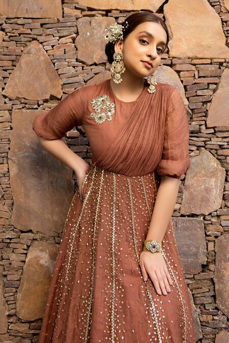 Buy Abstract By Megha Jain Madaan Brown Tissue, Cotton Beads Round Neck 3d Fleur Embellished Panelled Maxi Dress Buy_Abstract By Megha Jain Madaan_Brown Tissue, Cotton Beads Round Neck 3d Fleur Embellished Panelled Maxi Dress