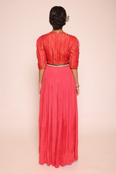 Shop Abstract By Megha Jain Madaan Red Kota Doria, Cotton Sequins, Beads Round Nalki Bloom Embellished Jumpsuit at Aza Fashions Shop_Abstract By Megha Jain Madaan_Red Kota Doria, Cotton Sequins, Beads Round Nalki Bloom Embellished Jumpsuit _at_Aza_Fashions