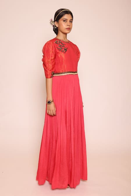 Abstract By Megha Jain Madaan Red Kota Doria, Cotton Sequins, Beads Round Nalki Bloom Embellished Jumpsuit Online at Aza Fashions Abstract By Megha Jain Madaan_Red Kota Doria, Cotton Sequins, Beads Round Nalki Bloom Embellished Jumpsuit _Online_at_Aza_Fashions