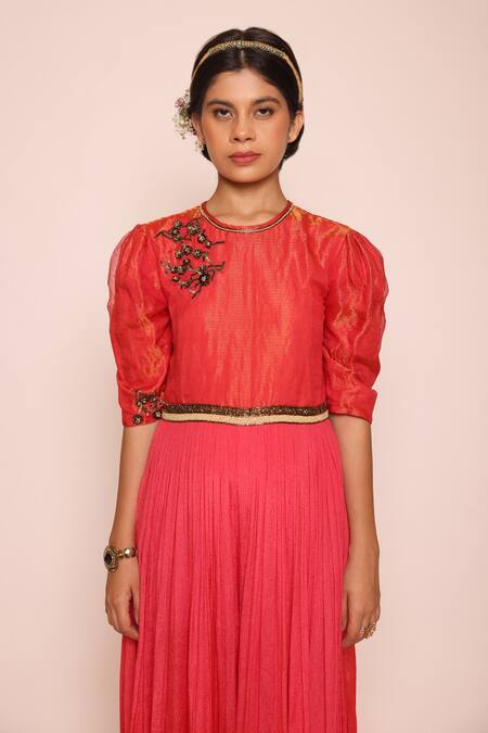 Shop Abstract By Megha Jain Madaan Red Kota Doria, Cotton Sequins, Beads Round Nalki Bloom Embellished Jumpsuit Online at Aza Fashions Shop_Abstract By Megha Jain Madaan_Red Kota Doria, Cotton Sequins, Beads Round Nalki Bloom Embellished Jumpsuit _Online_at_Aza_Fashions