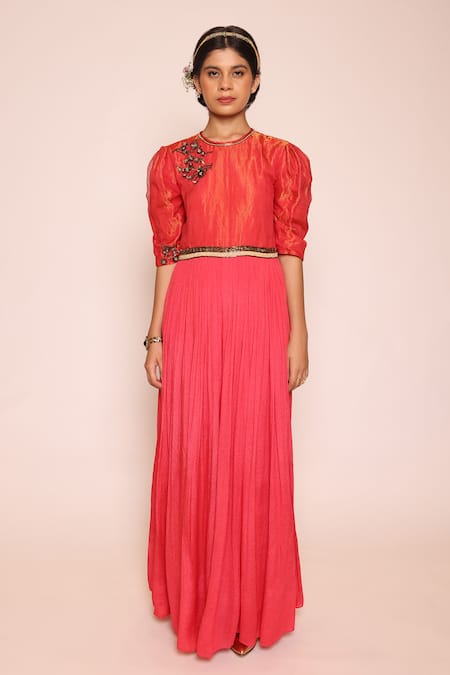 Abstract By Megha Jain Madaan Red Kota Doria, Cotton Sequins, Beads Round Nalki Bloom Embellished Jumpsuit at Aza Fashions Abstract By Megha Jain Madaan_Red Kota Doria, Cotton Sequins, Beads Round Nalki Bloom Embellished Jumpsuit _at_Aza_Fashions