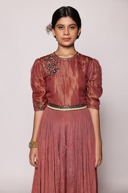 Abstract By Megha Jain Madaan Red Kota Doria, Cotton Sequins, Beads Round Nalki Fleur Embellished Jumpsuit at Aza Fashions Abstract By Megha Jain Madaan_Red Kota Doria, Cotton Sequins, Beads Round Nalki Fleur Embellished Jumpsuit _at_Aza_Fashions