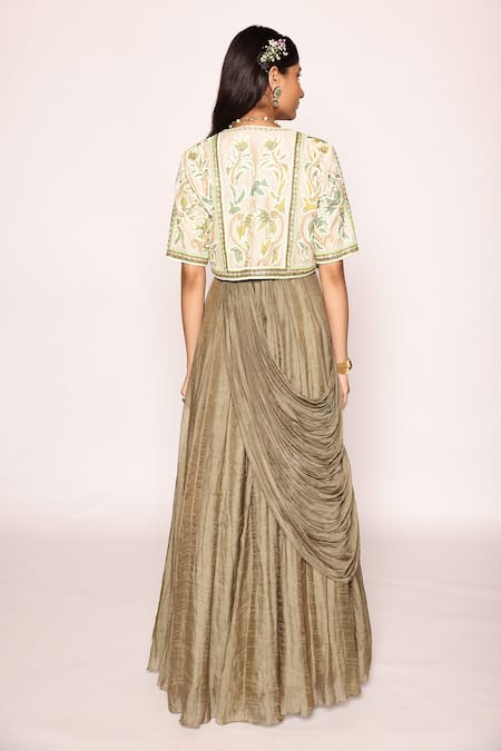 Abstract By Megha Jain Madaan Green Silk, Persian Fleur Embroidered Jacket With Front Drape Maxi Dress Online at Aza Fashions Abstract By Megha Jain Madaan_Green Silk, Persian Fleur Embroidered Jacket With Front Drape Maxi Dress _Online_at_Aza_Fashions