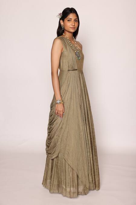 Shop Abstract By Megha Jain Madaan Green Silk, Persian Fleur Embroidered Jacket With Front Drape Maxi Dress Online at Aza Fashions Shop_Abstract By Megha Jain Madaan_Green Silk, Persian Fleur Embroidered Jacket With Front Drape Maxi Dress _Online_at_Aza_Fashions