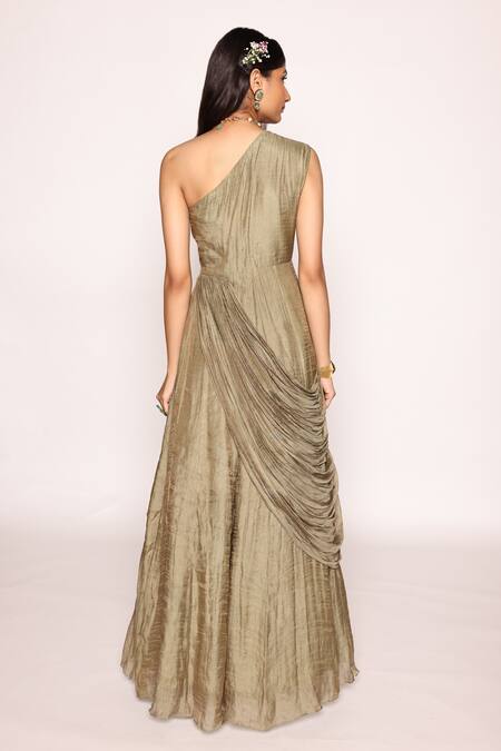 Abstract By Megha Jain Madaan Green Silk, Persian Fleur Embroidered Jacket With Front Drape Maxi Dress at Aza Fashions Abstract By Megha Jain Madaan_Green Silk, Persian Fleur Embroidered Jacket With Front Drape Maxi Dress _at_Aza_Fashions