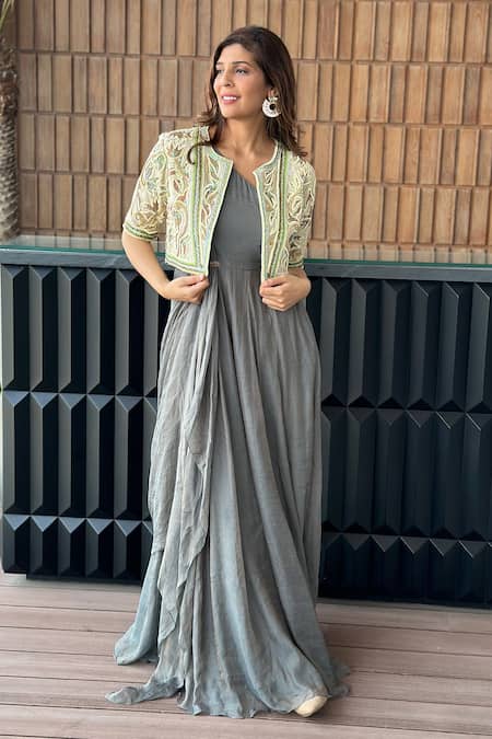 Shop Abstract By Megha Jain Madaan Grey Silk, Cotton French Fleur Embroidered Jacket With Front Drape Maxi Dress at Aza Fashions Shop_Abstract By Megha Jain Madaan_Grey Silk, Cotton French Fleur Embroidered Jacket With Front Drape Maxi Dress _at_Aza_Fashions