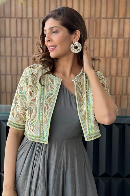 Abstract By Megha Jain Madaan Grey Silk, Cotton French Fleur Embroidered Jacket With Front Drape Maxi Dress Online at Aza Fashions Abstract By Megha Jain Madaan_Grey Silk, Cotton French Fleur Embroidered Jacket With Front Drape Maxi Dress _Online_at_Aza_Fashions