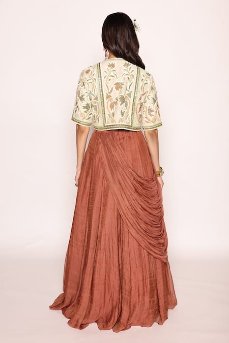 Shop Abstract By Megha Jain Madaan Red Silk, Cotton Mughal Fleur Embroidered Jacket With Front Drape Maxi Dress at Aza Fashions Shop_Abstract By Megha Jain Madaan_Red Silk, Cotton Mughal Fleur Embroidered Jacket With Front Drape Maxi Dress _at_Aza_Fashions