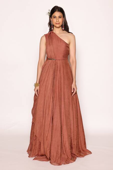 Abstract By Megha Jain Madaan Red Silk, Cotton Mughal Fleur Embroidered Jacket With Front Drape Maxi Dress Online at Aza Fashions Abstract By Megha Jain Madaan_Red Silk, Cotton Mughal Fleur Embroidered Jacket With Front Drape Maxi Dress _Online_at_Aza_Fashions