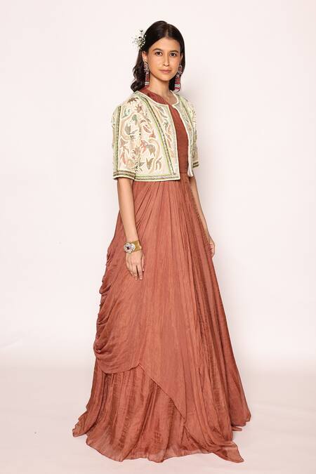 Shop Abstract By Megha Jain Madaan Red Silk, Cotton Mughal Fleur Embroidered Jacket With Front Drape Maxi Dress Online at Aza Fashions Shop_Abstract By Megha Jain Madaan_Red Silk, Cotton Mughal Fleur Embroidered Jacket With Front Drape Maxi Dress _Online_at_Aza_Fashions