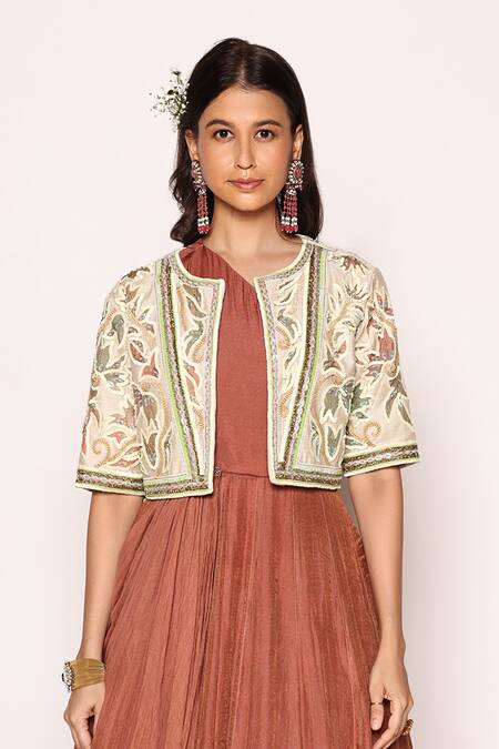 Abstract By Megha Jain Madaan Red Silk, Cotton Mughal Fleur Embroidered Jacket With Front Drape Maxi Dress at Aza Fashions Abstract By Megha Jain Madaan_Red Silk, Cotton Mughal Fleur Embroidered Jacket With Front Drape Maxi Dress _at_Aza_Fashions