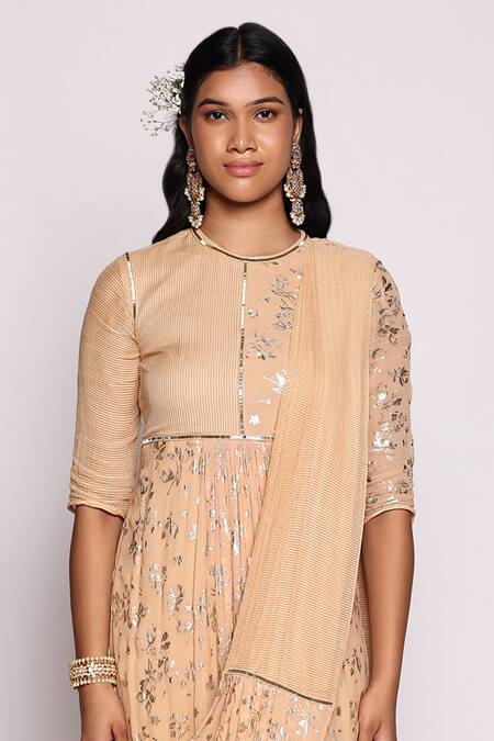 Buy_Abstract By Megha Jain Madaan_Beige Georgette, Chiffon Beads, Foil Printing Round Neck Embellished Saree Gown _Online_at_Aza_Fashions