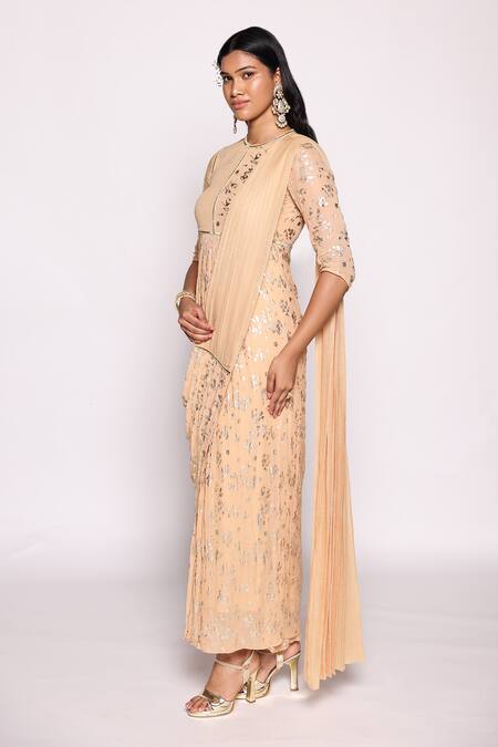 Shop_Abstract By Megha Jain Madaan_Beige Georgette, Chiffon Beads, Foil Printing Round Neck Embellished Saree Gown _Online_at_Aza_Fashions