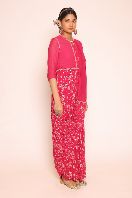 Abstract By Megha Jain Madaan_Pink Georgette, Chiffon Peony Foil Print Embellished Draped Saree Gown _Online_at_Aza_Fashions