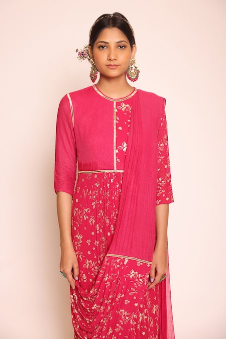 Buy_Abstract By Megha Jain Madaan_Pink Georgette, Chiffon Peony Foil Print Embellished Draped Saree Gown _Online_at_Aza_Fashions