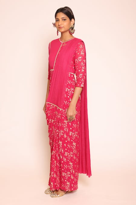 Shop_Abstract By Megha Jain Madaan_Pink Georgette, Chiffon Peony Foil Print Embellished Draped Saree Gown _Online_at_Aza_Fashions