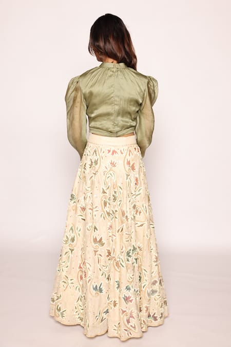 Abstract By Megha Jain Madaan Green Organza, Sequins, Beads Crop Top And Boho Fleur Embroidered Skirt Online at Aza Fashions Abstract By Megha Jain Madaan_Green Organza, Sequins, Beads Crop Top And Boho Fleur Embroidered Skirt _Online_at_Aza_Fashions