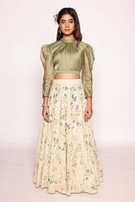 Shop Abstract By Megha Jain Madaan Green Organza, Sequins, Beads Crop Top And Boho Fleur Embroidered Skirt Online at Aza Fashions Shop_Abstract By Megha Jain Madaan_Green Organza, Sequins, Beads Crop Top And Boho Fleur Embroidered Skirt _Online_at_Aza_Fashions
