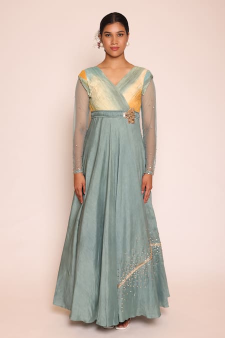 ABSTRACT BY MEGHA JAIN MADAAN Blue Silk Flat Chiffon Embroidery Ombre Gathered Bodice Embellished Maxi Dress 