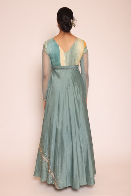 Abstract By Megha Jain Madaan Blue , Satin, Cotton Ombre Gathered Bodice Embellished Maxi Dress Online at Aza Fashions Abstract By Megha Jain Madaan_Blue , Satin, Cotton Ombre Gathered Bodice Embellished Maxi Dress _Online_at_Aza_Fashions