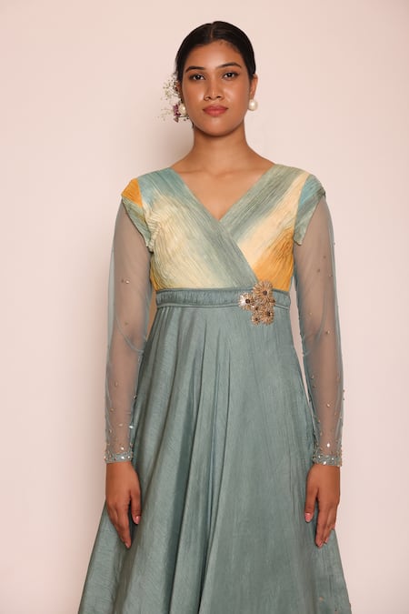 Abstract By Megha Jain Madaan Blue , Satin, Cotton Ombre Gathered Bodice Embellished Maxi Dress at Aza Fashions Abstract By Megha Jain Madaan_Blue , Satin, Cotton Ombre Gathered Bodice Embellished Maxi Dress _at_Aza_Fashions