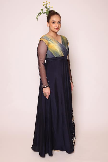 Abstract By Megha Jain Madaan Blue , Satin, Ombre Gathered Bodice Celeste Embellished Maxi Dress Online at Aza Fashions Abstract By Megha Jain Madaan_Blue , Satin, Ombre Gathered Bodice Celeste Embellished Maxi Dress _Online_at_Aza_Fashions