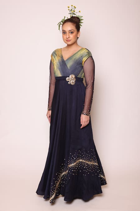 Shop Abstract By Megha Jain Madaan Blue , Satin, Ombre Gathered Bodice Celeste Embellished Maxi Dress Online at Aza Fashions Shop_Abstract By Megha Jain Madaan_Blue , Satin, Ombre Gathered Bodice Celeste Embellished Maxi Dress _Online_at_Aza_Fashions
