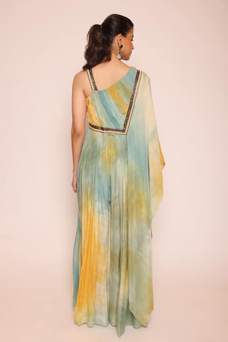 Abstract By Megha Jain Madaan Ombre Ruched Bodice Jumpsuit With Attached Dupatta 
