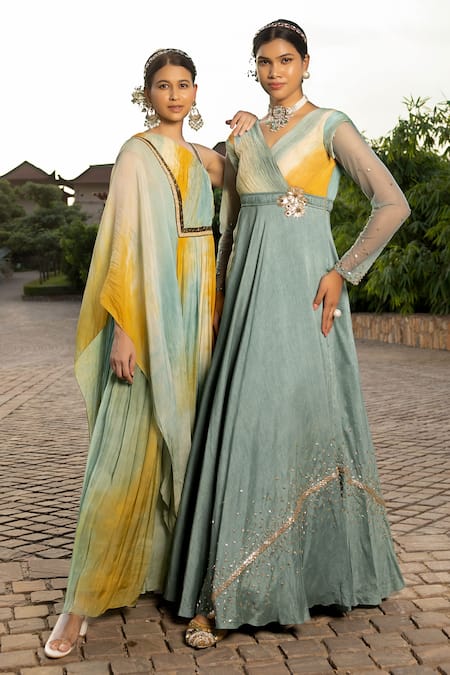 Buy_Abstract By Megha Jain Madaan_Multi Color Silk, Cotton Ombre Ruched Bodice Jumpsuit With Attached Dupatta _Online_at_Aza_Fashions