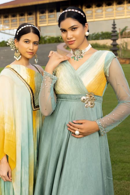 Shop_Abstract By Megha Jain Madaan_Multi Color Silk, Cotton Ombre Ruched Bodice Jumpsuit With Attached Dupatta _Online_at_Aza_Fashions