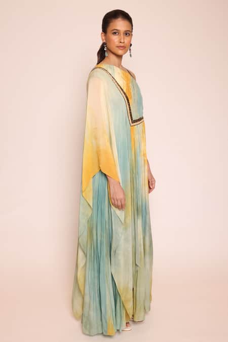 Buy_Abstract By Megha Jain Madaan_Multi Color Silk, Cotton Ombre Ruched Bodice Jumpsuit With Attached Dupatta 
