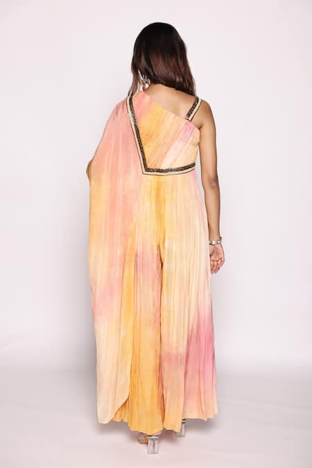 Abstract By Megha Jain Madaan Ombre Embellished Ruched Bodice Jumpsuit With Attached Dupatta 